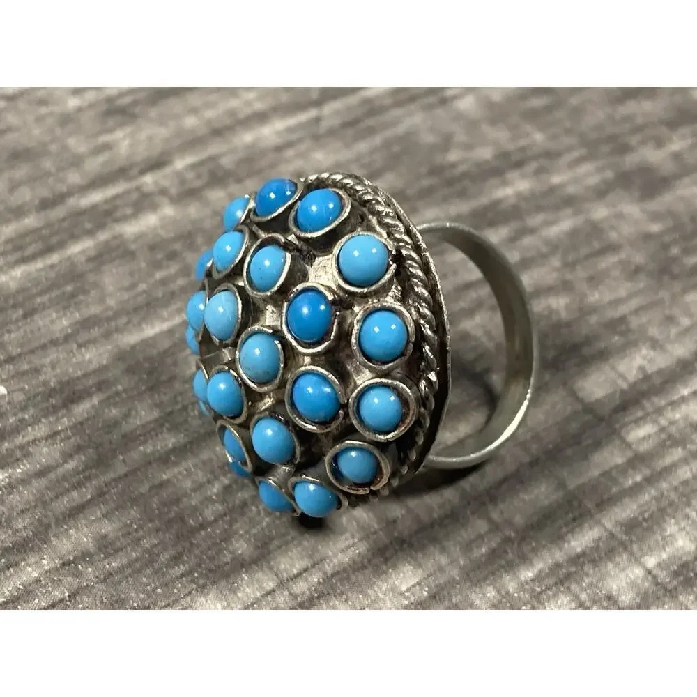 Vintage Atomic Sputnik Ring Blue Cabochon Cluster Silver Tone Size 6